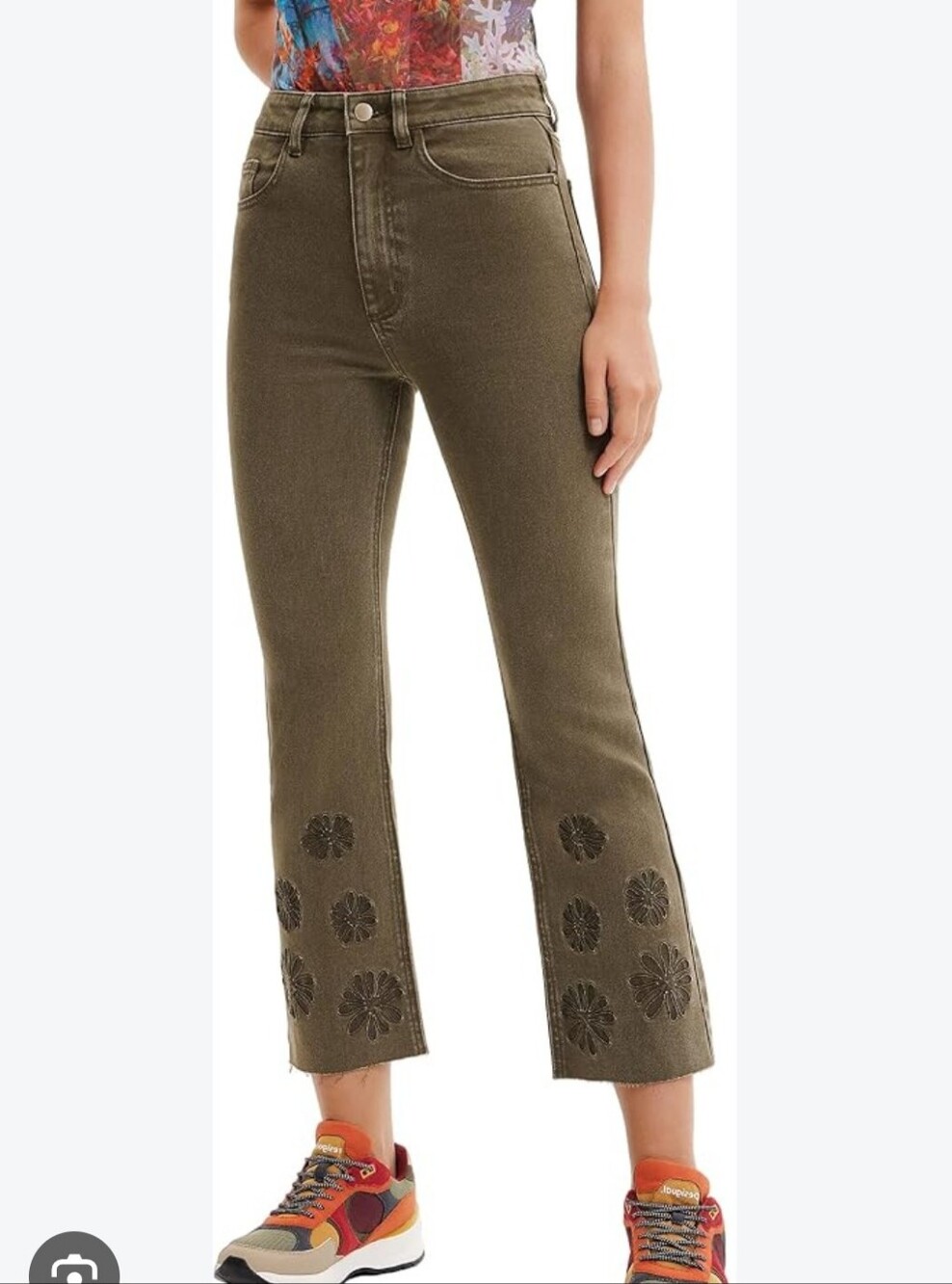 Desigual Floral Embroidered Olive Green Women Sz38 Frayed Hem Denim Jeans